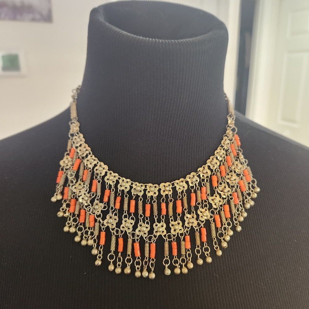 Vintage Egyptian Gold and Orange Bib Necklace Brass Tone Boho Tribal